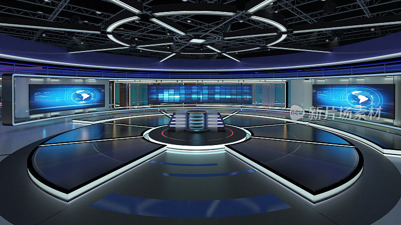 虚拟电视演播室新闻绿屏背景。3 d渲染。